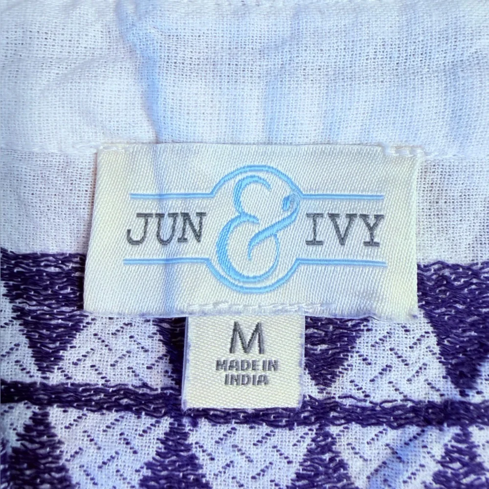 Jun & Ivy Cotton Mediterranean Blue White Notch V Neck Ruffle Hem Bohemian Top M - Picture 6 of 9